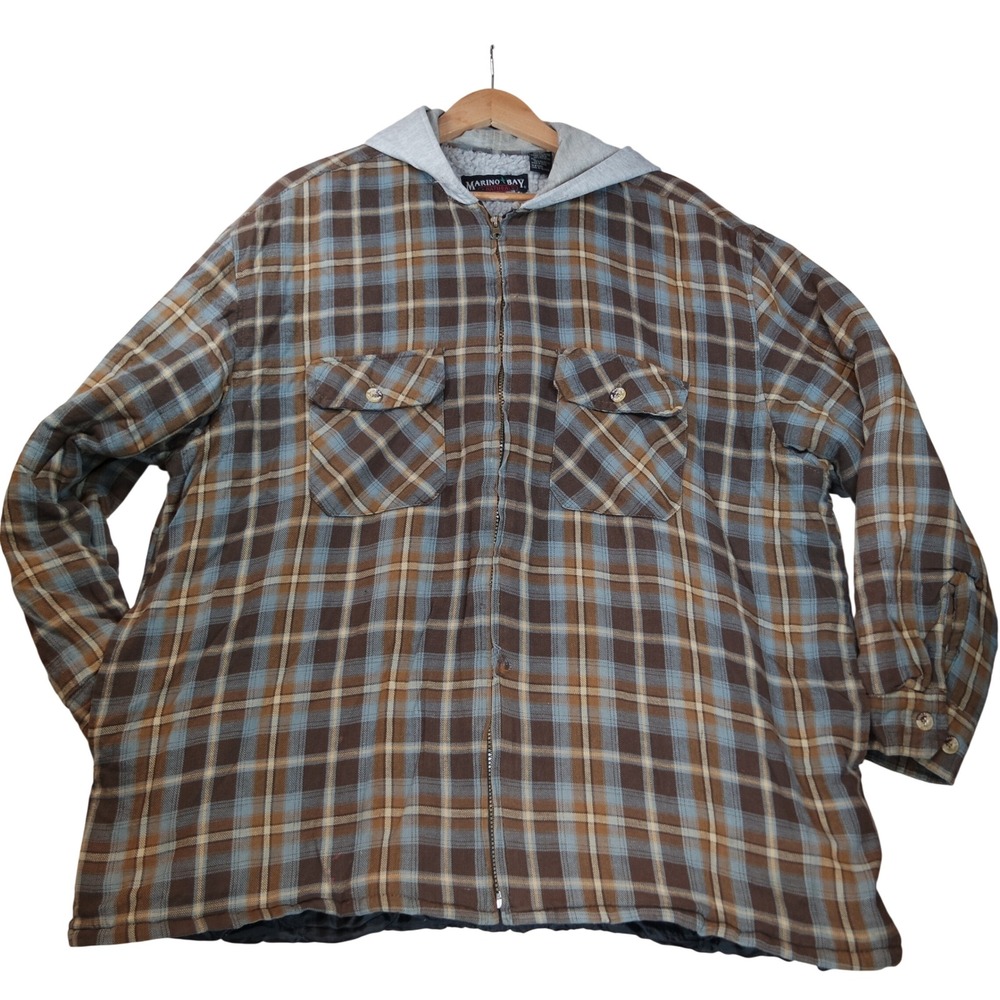 Vintage Marino Bay Thrashed Mens 2XL Hooded Flannel Jacket Sherpa Lined Plaid
